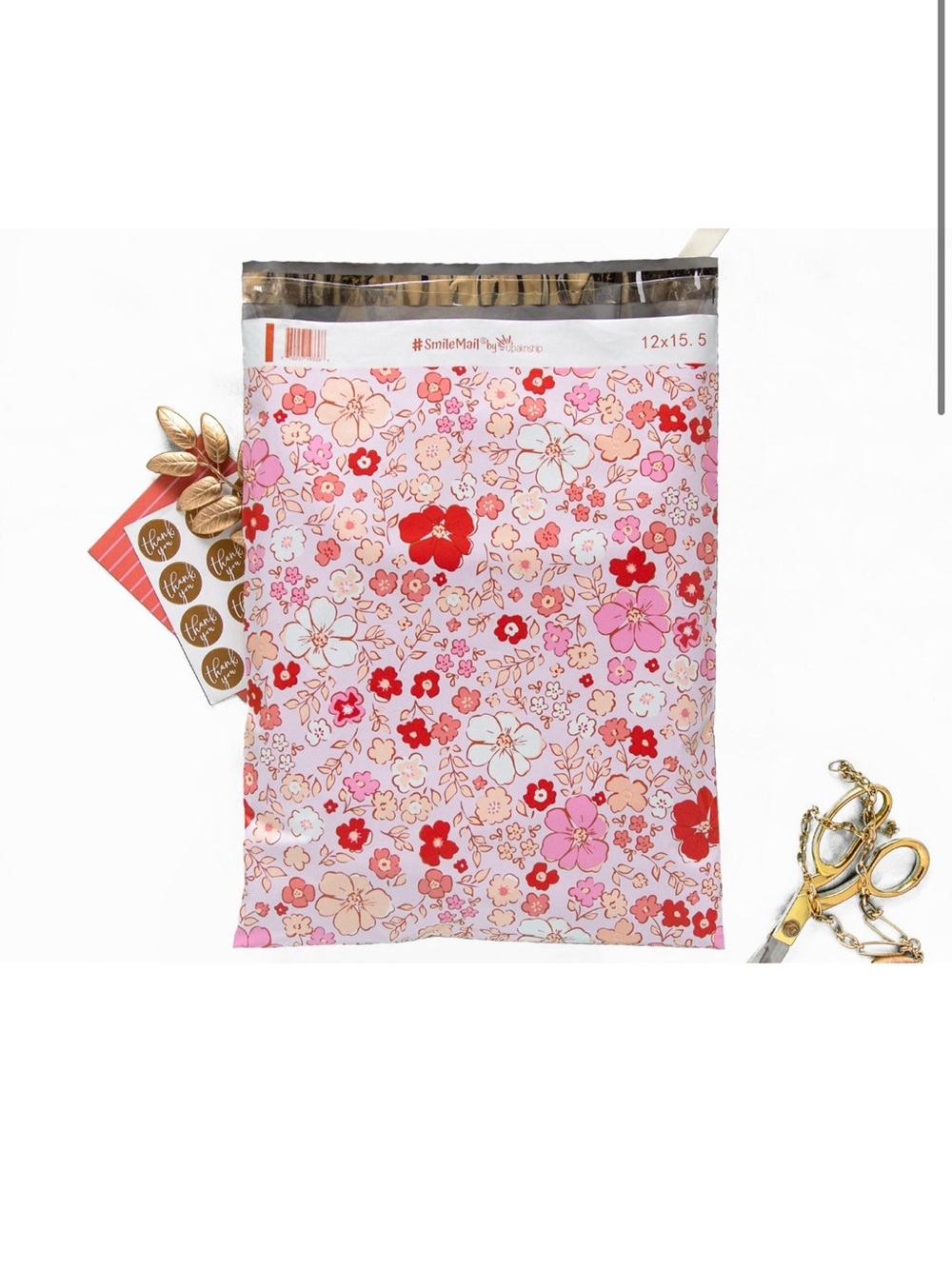 Floral Pink Polymailers with Red and Pink Blooms, 12x15.5, Pack of 25 - Picture 2 of 2